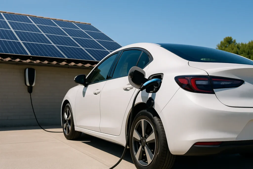 Electric car charging under solar panels in daylight